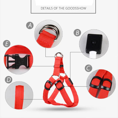 Red dog harness with detailed views of its components on a white background