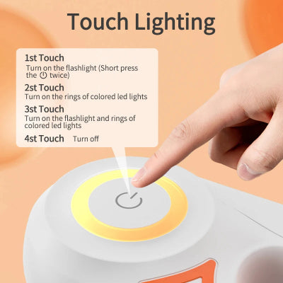 Hand interacting with a touch-controlled lighting device on an orange background