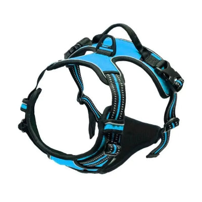 Black and blue dog harness on a white background