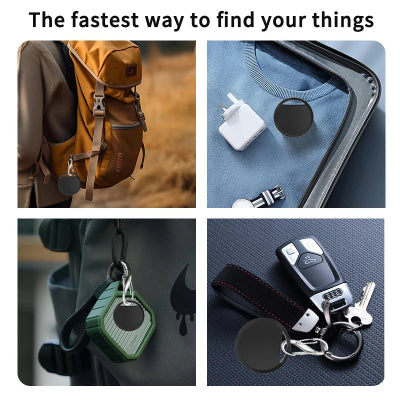 Collage of items with tracking devices attached, including a backpack, charger, car key, and phone case.