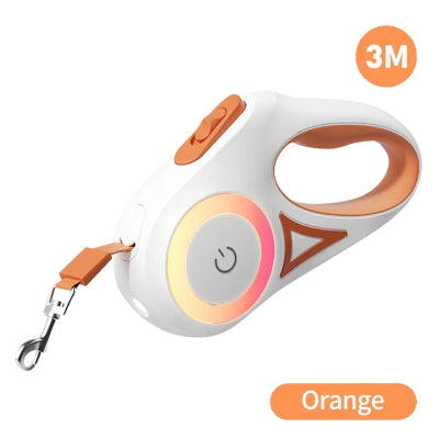 White and orange retractable dog leash with 3M label on a white background