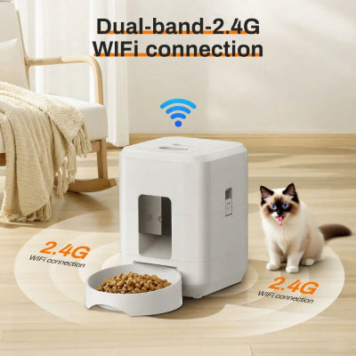 Pet feeder with 2.4G WiFi connection feature, cat sitting next to it on a wooden floor.