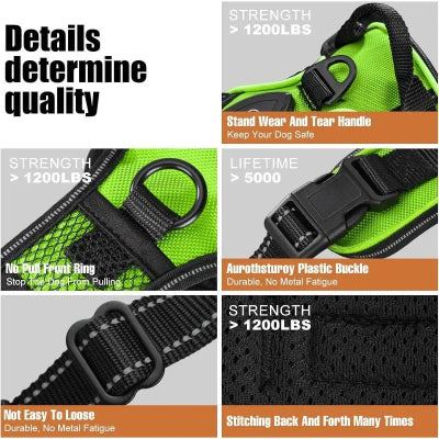 Dog harness with text highlighting features and quality details