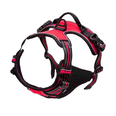 Red and black dog harness on a white background