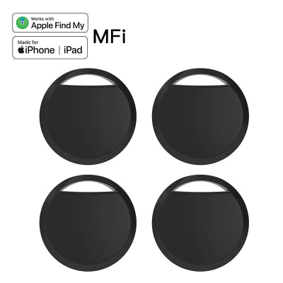 Four black circular objects with Apple Find My and MFi branding on a white background.