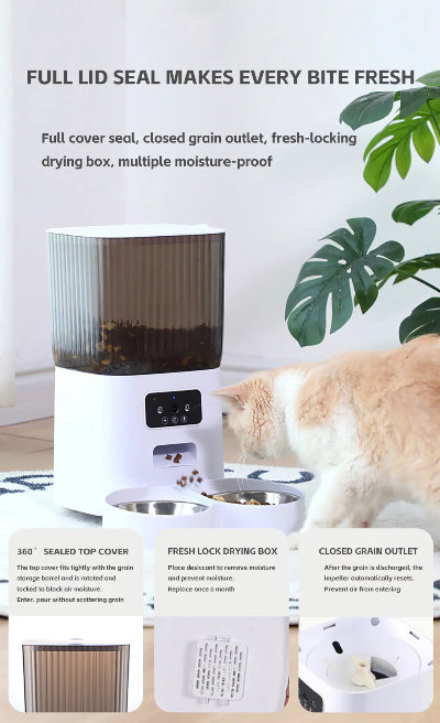 Cat food dehydrator with text on features, cat in the background