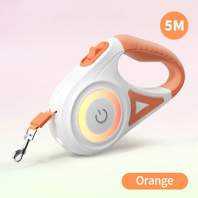 Orange and white dog leash with 5-meter capacity on a light pink background