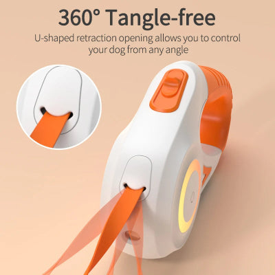 Dog leash retractor with orange and white design on a beige background