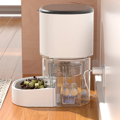 Pet food dispenser on a wooden floor with a neutral background