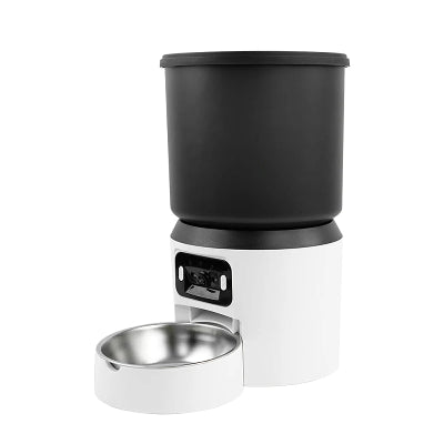 Black and silver pet feeder on a white background