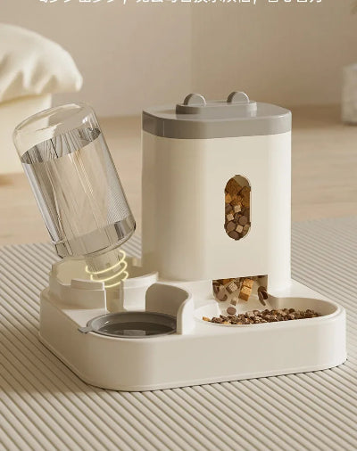 Pet feeder with water dispenser on a neutral background