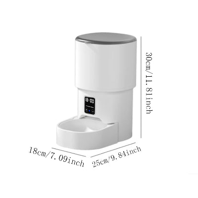 White pet feeder with digital display and dimensions on a white background