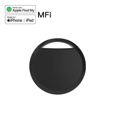 Black circular device with Apple Find My and MFi logos on a white background