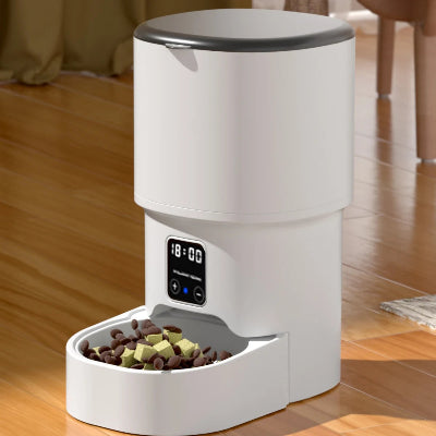 White electronic pet feeder with digital display on a wooden floor