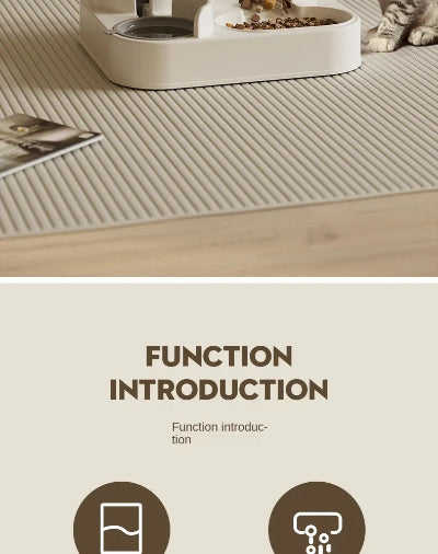 Pet mat with a pet bowl and cat on a wooden floor, accompanied by text about product functions.