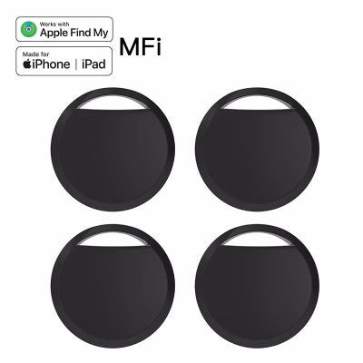 Four black round keychains with Apple Find My and MFi logos on a white background.