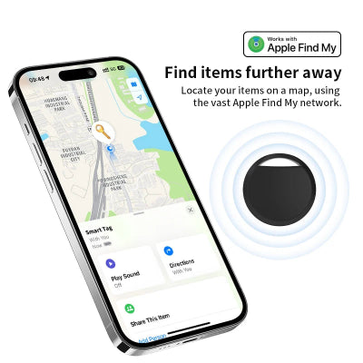 Smart tag with phone app interface showing 'Apple Find My' functionality on a white background