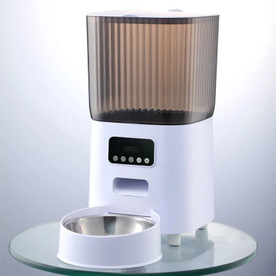 Pet feeder with transparent brown top on a glass surface