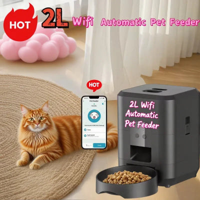 2L Wifi Automatic Pet Feeder with a cat and smartphone app on a light background