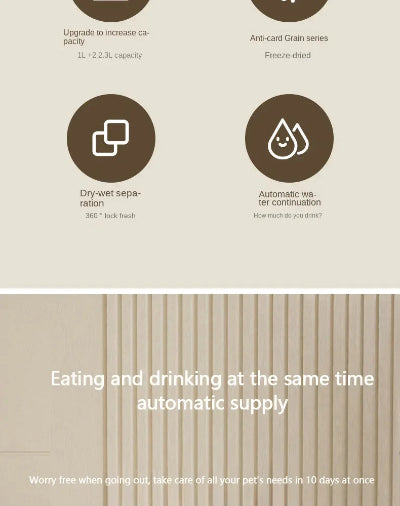 Product features with icons and text on a beige background