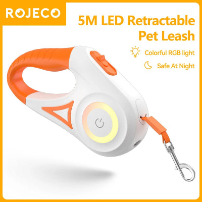 5M LED Retractable Pet Leash with colorful RGB light and safety features on a white background.