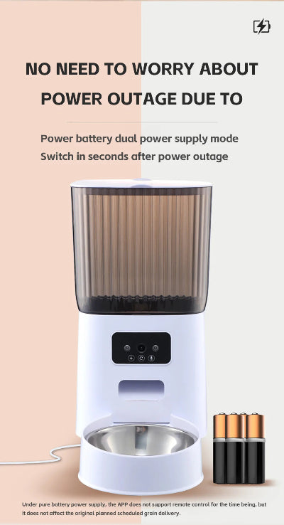 Pet feeder with power battery dual power supply mode feature on a beige background