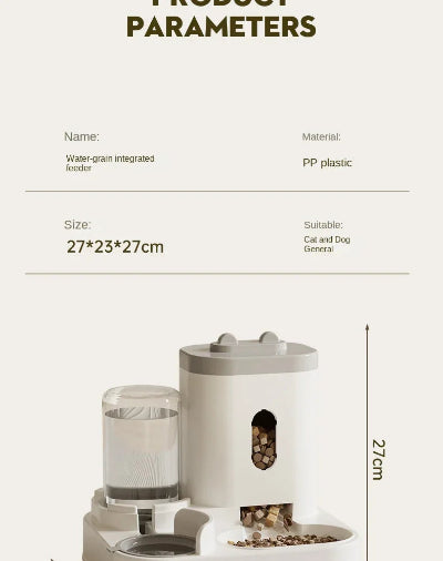Product parameters of a water grain integrated feeder with dimensions and material details.