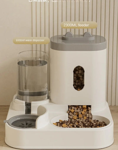 Pet feeding and water dispenser with a beige background