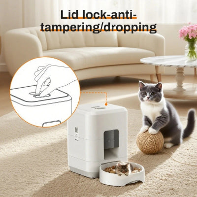 Pet feeder with lid lock feature, cat sitting next to it in a living room.