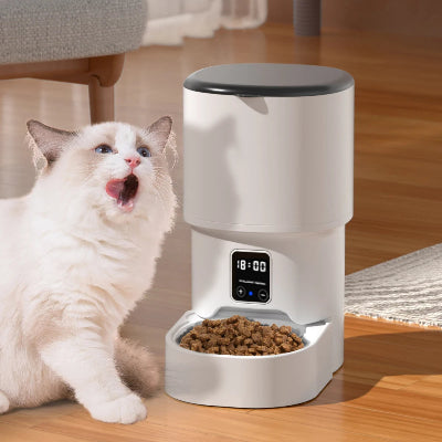 Cat interacting with an automatic pet feeder on a wooden floor.
