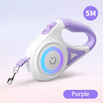 Purple and white dog leash with power button on a light purple background