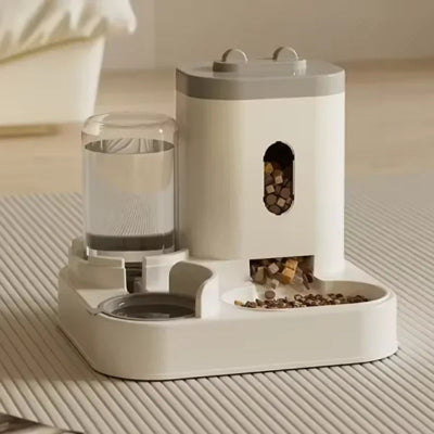 Pet feeding and water station on a textured surface