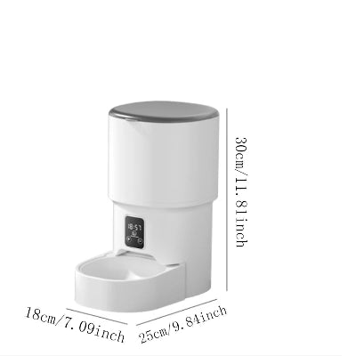 White electronic device with digital display and dimensions labeled on a white background