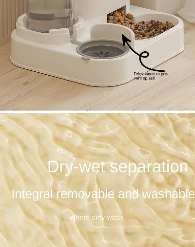 Pet feeding station with drink water feature and dry-wet separation text on a wooden floor.