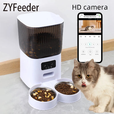 Pet feeder with ZYFeeder branding and an HD camera display on a smartphone, accompanied by a cat.