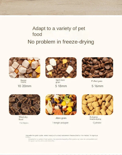 Various types of pet food with different textures and shapes on a white background.