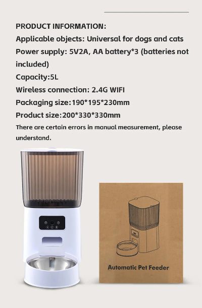 Automatic pet feeder with packaging on a white background