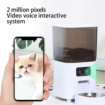 Smart pet feeder with video voice interactive system and smartphone displaying a cat.