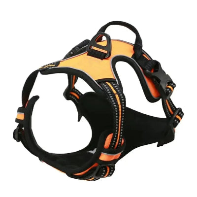 Dog harness with black and orange design on a white background