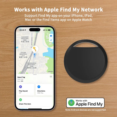 Smart tag and smartphone on a wooden surface with Apple Find My Network text.