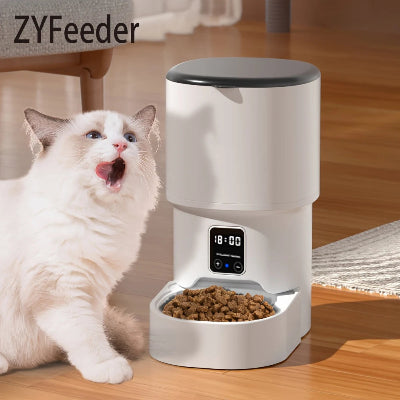 Cat next to a ZYFeeder pet food dispenser on a wooden floor.