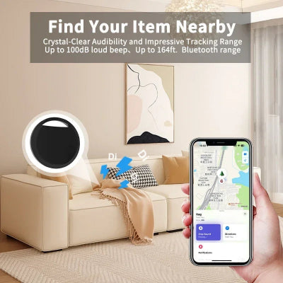 Smart device with Bluetooth range display on a smartphone in a living room setting.
