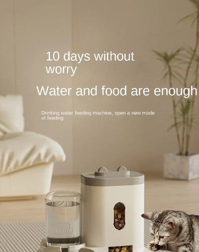 Cat using a pet feeding and water dispenser with text '10 days without worry. Water and food are enough.'