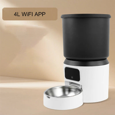 Black and white pet feeder with a stainless steel bowl on a beige background, featuring '4L WiFi APP' text.