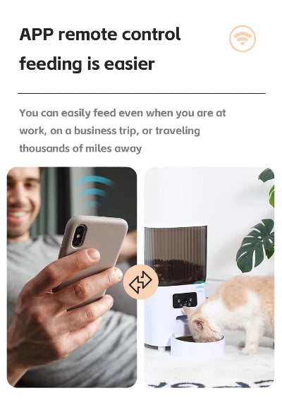 Smart pet feeder with app control for remote feeding, shown with a person using a phone.