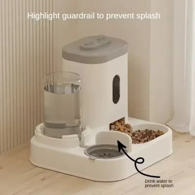 Pet feeder and water dispenser with highlighted guardrail to prevent splash, on a wooden floor.