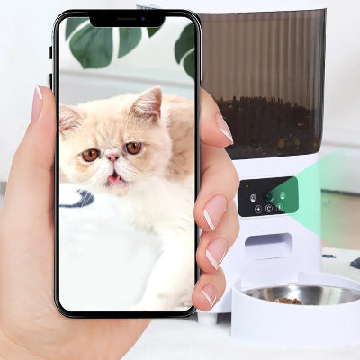 Hand holding a smartphone with a cat's face on the screen, next to a pet food dispenser.